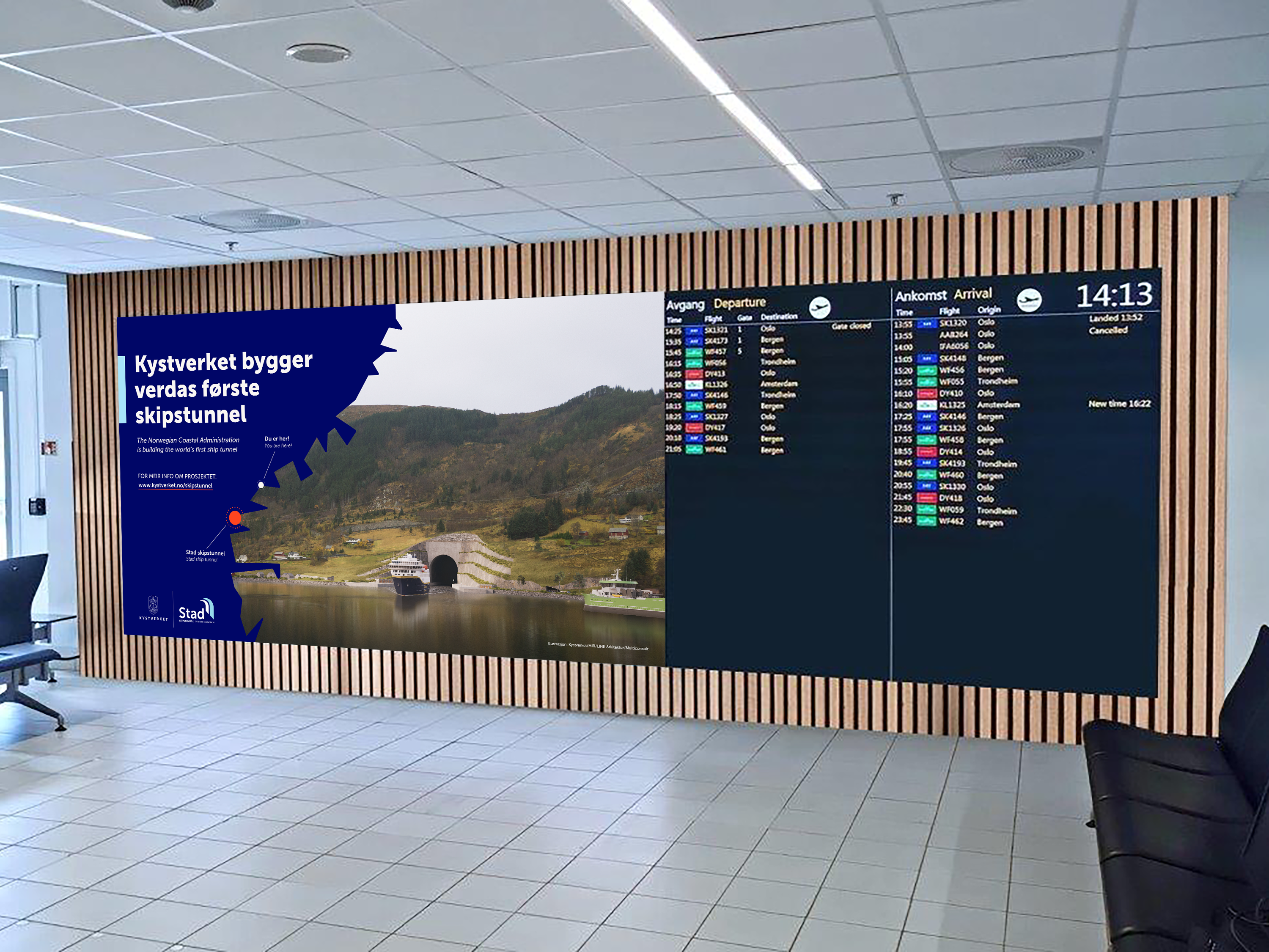 Bilde av Kystverket video skjerm på Vigra flyplass